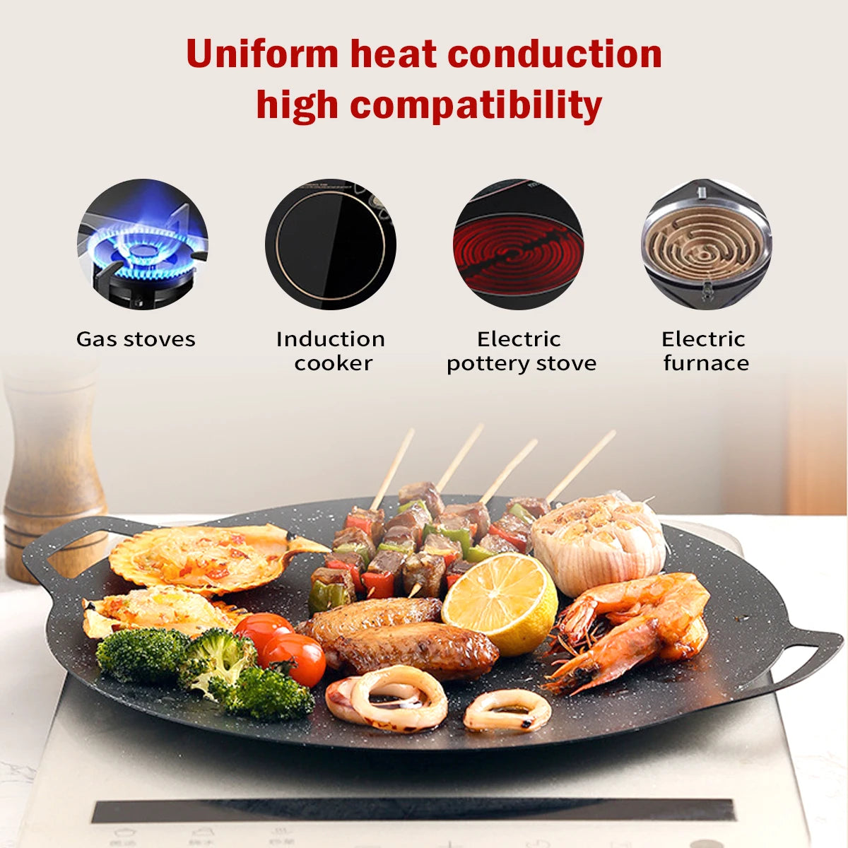 Round Korean BBQ Grill Pan - Perfect for Gas, Open Fire, Camping, and Home Outdoor Cooking - Available in Multiple Sizes - Sleek Black Design