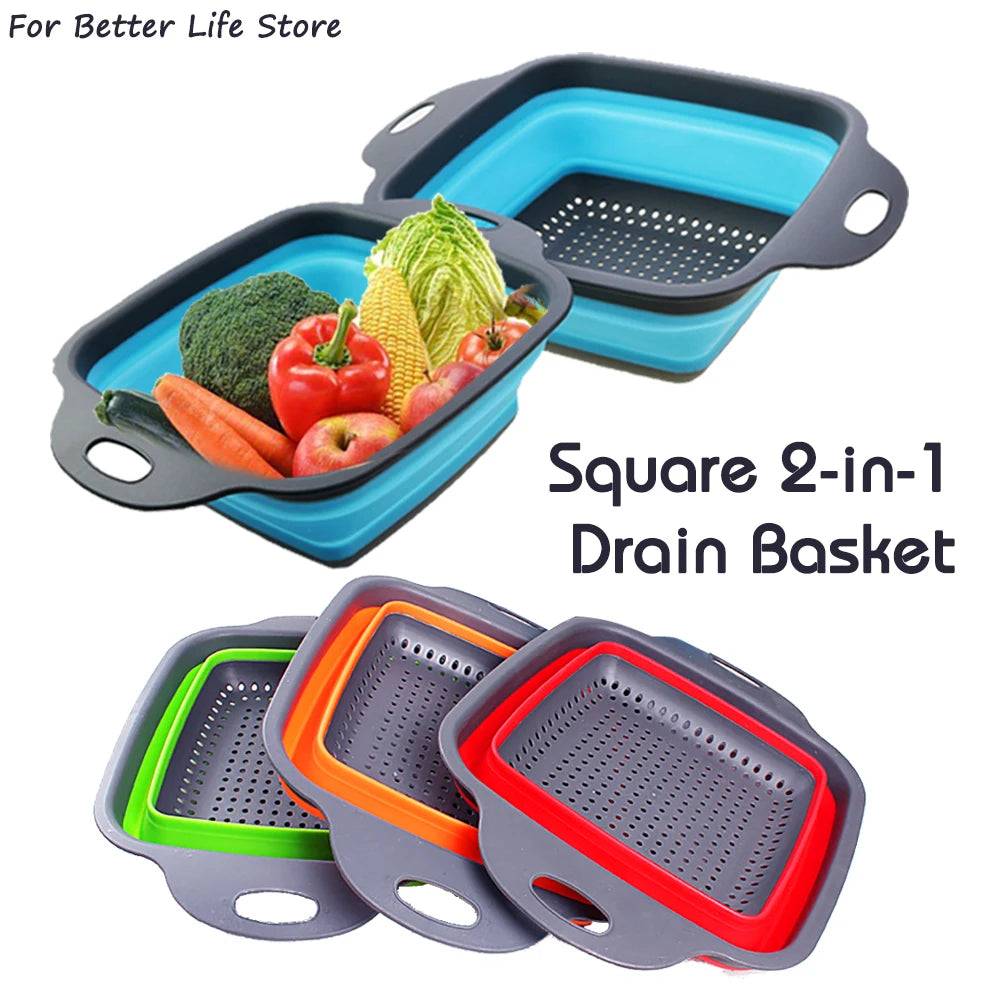 "2-in-1 Silicone Folding Drain Basket: Collapsible Strainer for Easy Kitchen Storage and Dishwashing"