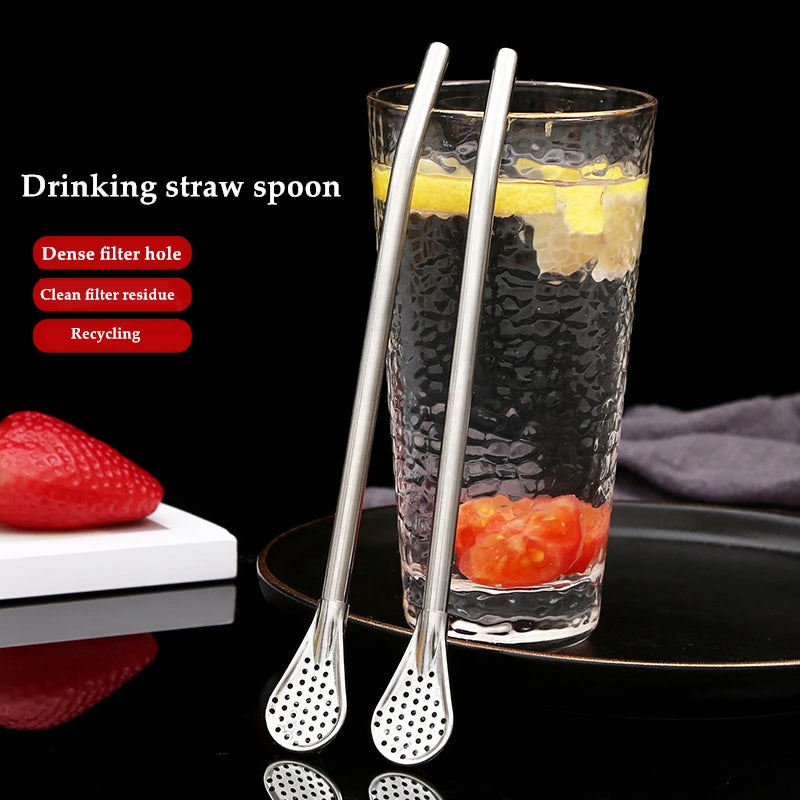 "Premium Stainless Steel Straw Set with Detachable Spoon, Tea Filter, and Cleaning Brush - Ideal for Stylish Bar Parties and Sustainable Sipping"