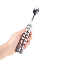 "Master the Art of Culinary Flair with the Ultimate Foldable Balisong Trainer Spoon-Fork!"