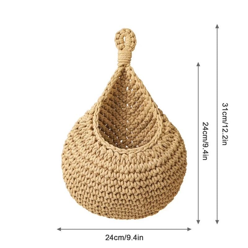 "Rustic Jute Woven Hanging Fruit and Vegetable Basket - Stylish Wall-Mounted Storage Solution for Kitchen and Table"